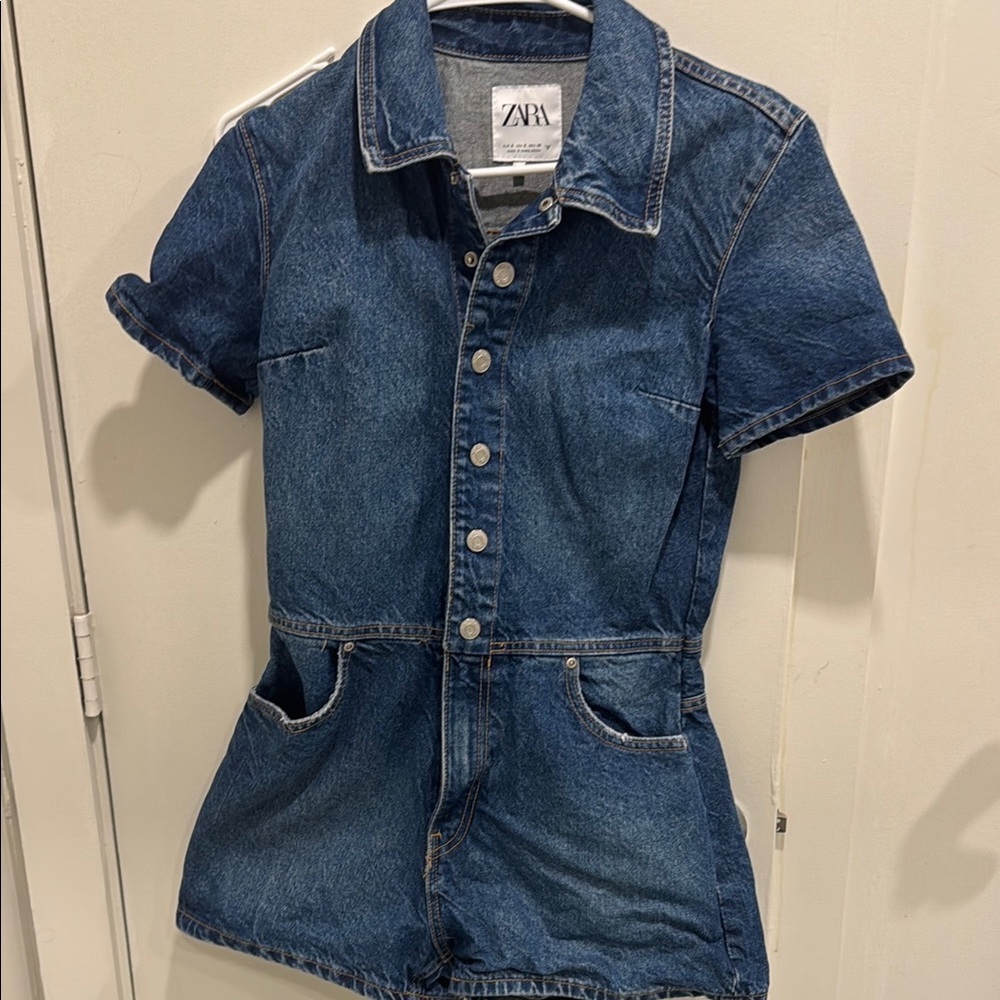 Zara Blue Denim Short-Sleeve Jumpsuit